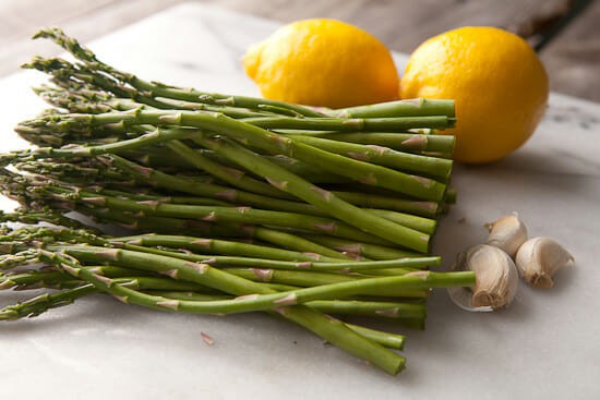 Asparagus carbonara vegetables on a  plate. 