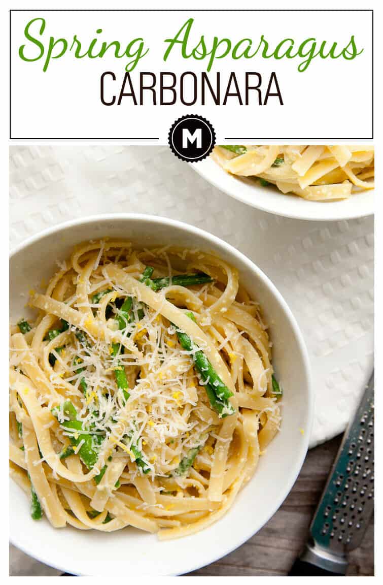 Spring Asparagus Carbonara - A quick and delicious spring pasta dish loaded with lightly sauteed asparagus and made into a classic fettuccine carbonara!