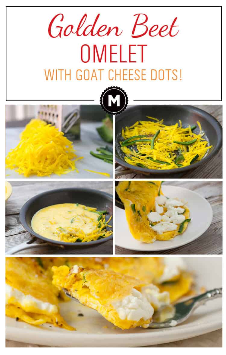 Shredded Golden Beet Omelet: Slightly sweet golden beets, shredded and sauteed with poblano peppers and folded into a perfect omelet with goat cheese!