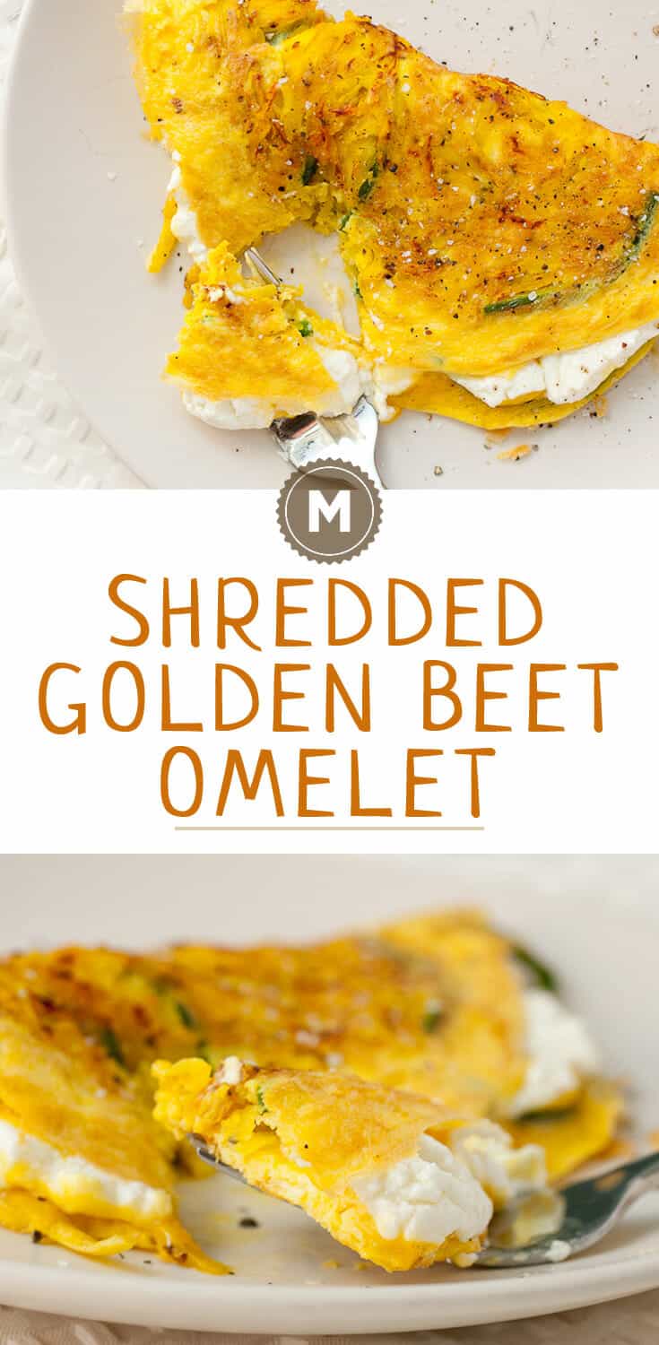 Shredded Golden Beet Omelet: Slightly sweet golden beets, shredded and sauteed with poblano peppers and folded into a perfect omelet with goat cheese!