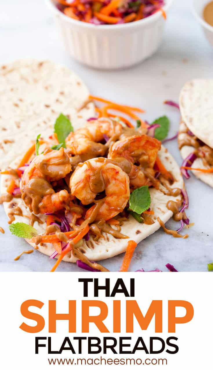 Thai Shrimp Flatbreads: Spicy, savory shrimp layered with a homemade crunchy slaw and spicy peanut sauce. A light, fresh summer meal! #spons