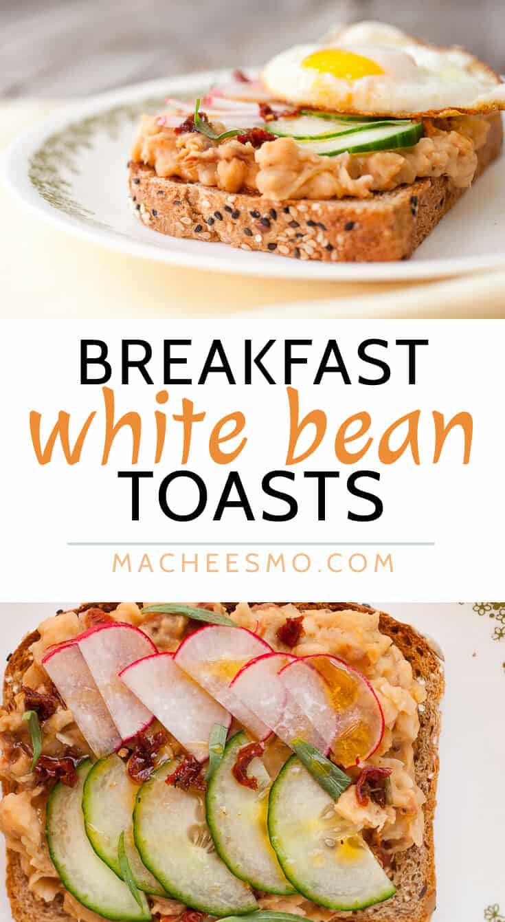 Breakfast White Bean Toasts: Creamy and savory white beans mashed together with sun-dried tomatoes and shallots and served on toast with a crispy fried egg and thin, crunchy veggies. A great hearty breakfast and it's a quick 15 minute prep!