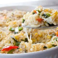 Spicy Corn Orzo Bake: Sweet corn baked with orzo, roasted chili peppers, and fresh mozzarella. The perfect way to show off all the delicious sweet corn during the summer!