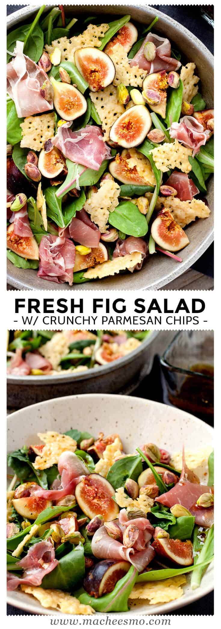 Fresh fig salad w/ Crunchy Parmesan Chips: This is one of my favorite ways to eat fresh figs which are only ripe and available in late summer. The salad is light, but with big flavors including pistachios, proscuitto, and crunchy homemade parmesan chips. It's beautiful and delicious! | macheesmo.com