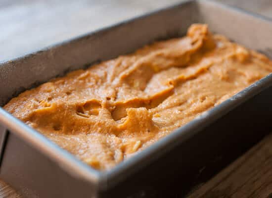 Pumpkin bread batter transferred to loaf pan.