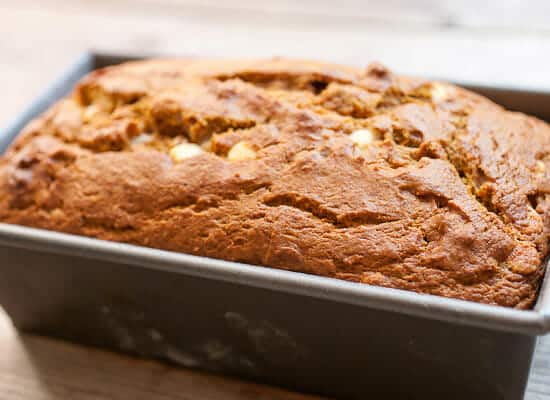 Coconut White Chocolate Pumpkin Bread finished baking.