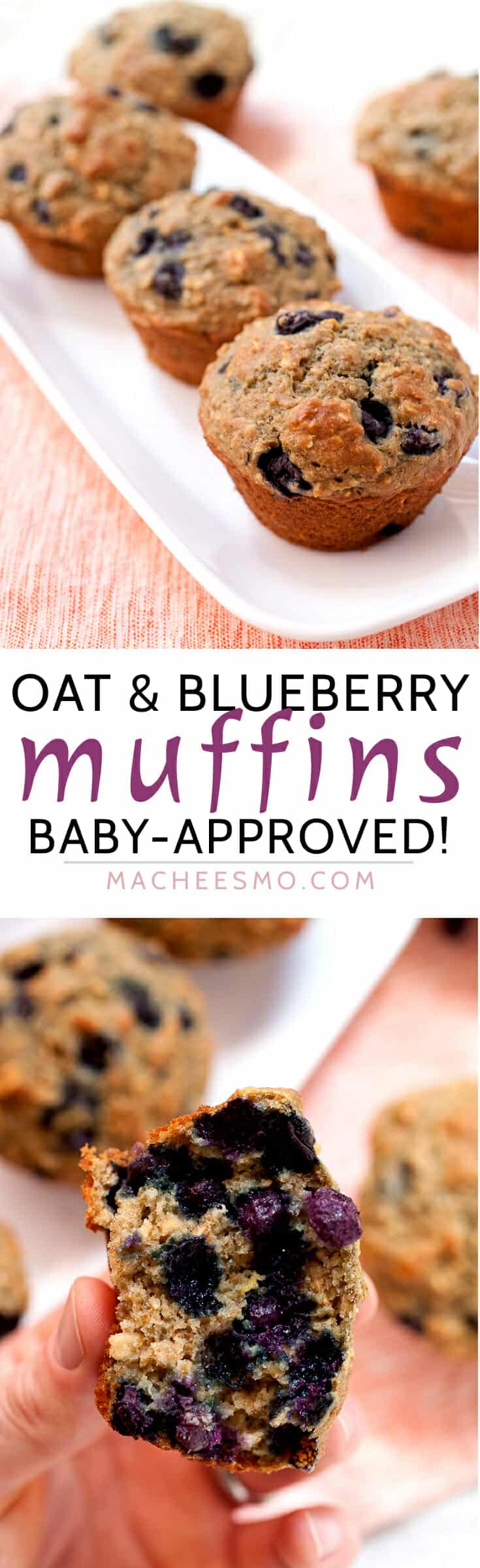 Oatmeal and Blueberry Muffins for Babies: The perfect quick breakfast for toddlers! Packed with oats and blueberries and super-reduced sugar content. Whole wheat, apple sauce, and fruit. Parents will love them too! | macheesmo.com