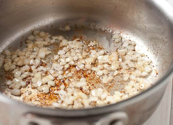 Cooking the onions for the bacon oatmeal.