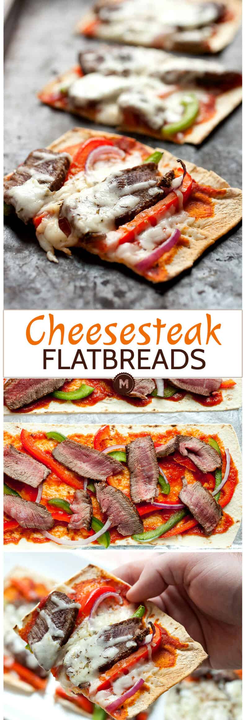 Cheesesteak Flatbread: Flatbreads topped with sliced sirloin steak, peppers, onions, and provolone cheese. Great as a meal or a hearty appetizer. Super easy to make thanks to Flatout Flatbread pizza crust! #sponsored | macheesmo.com