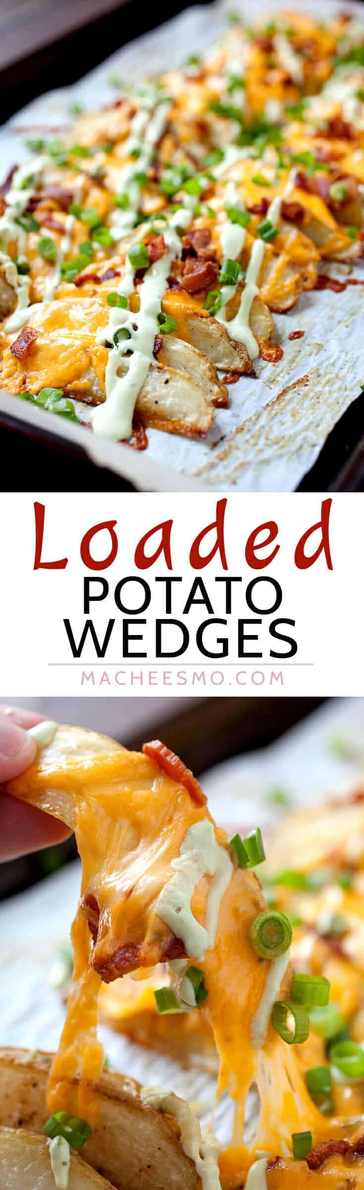 Loaded Potato Wedges - Appetizer? Side dish? Main meal? These completely loaded baked potato wedges have can be anything you want. Cheddar, chives, avocado and sour cream sauce. Potato perfection! | macheesmo.com