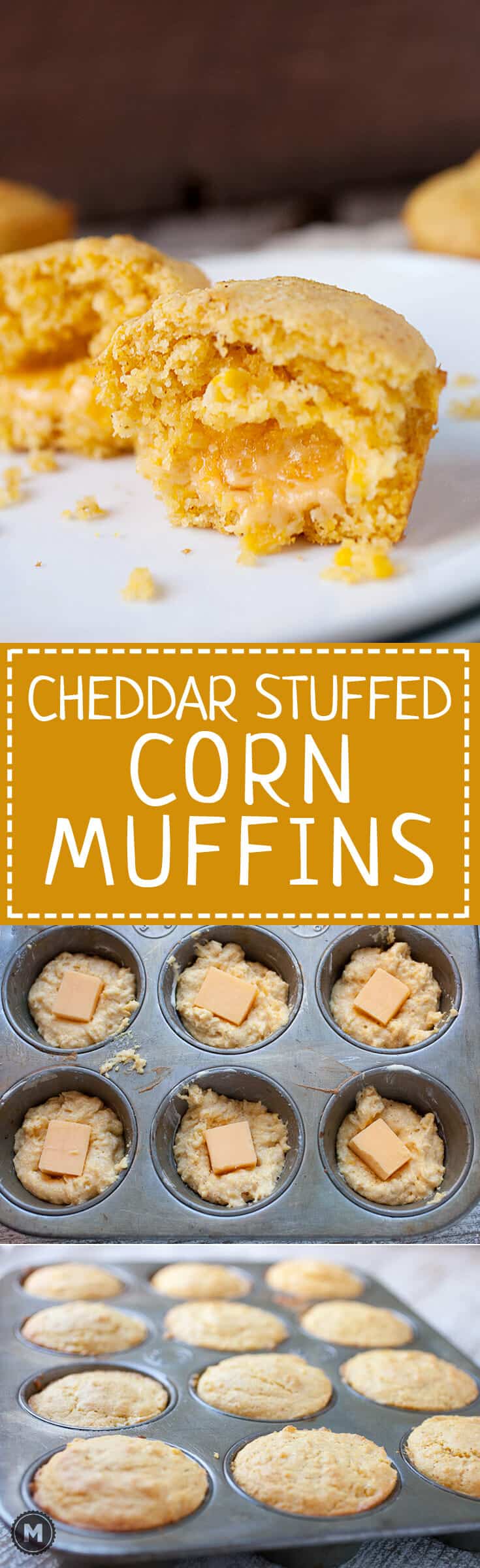 Cheddar Stuffed Corn Muffins: These delicious and savory corn muffins are stuffed with a huge chunk of cheddar cheese. It's like a little bonus when you break into the muffin. Good as a side dish for so many meals. It's the corn muffin you've been waiting for! | macheesmo.com