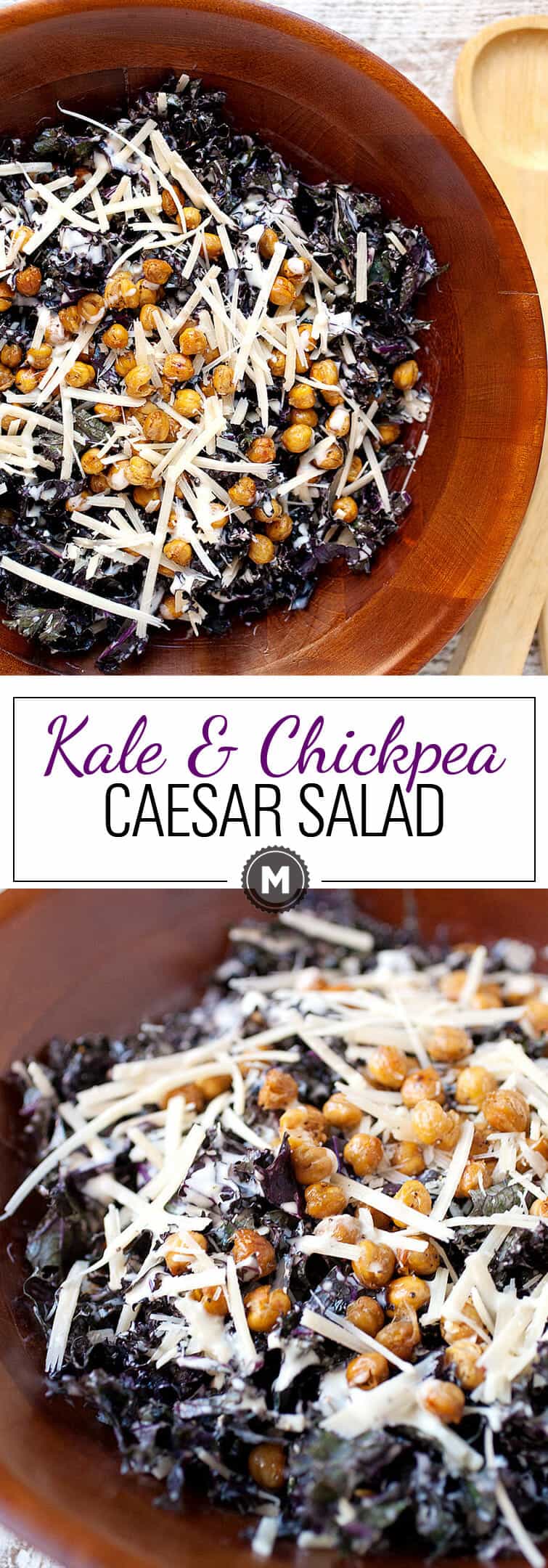 Kale Chickpea Caesar Salad: This salad is all about simple and tasty veggies. Purple kale lightly tossed in a homemade caesar salad dressing (no anchovies in this version). Roasted, crispy chickpeas take the place of croutons! I love this salad in the winter! | macheesmo.com