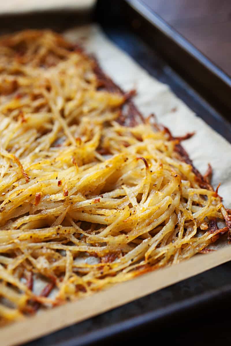 Sheet Pan Hash Browns Sheet Pan Hash Browns: After much experimentation, this is the easiest and most failsafe way to make perfectly crispy (and flavorful) hash browns in the oven on a single sheet pan! You'll never stress over soggy potatoes again. | macheesmo.com
