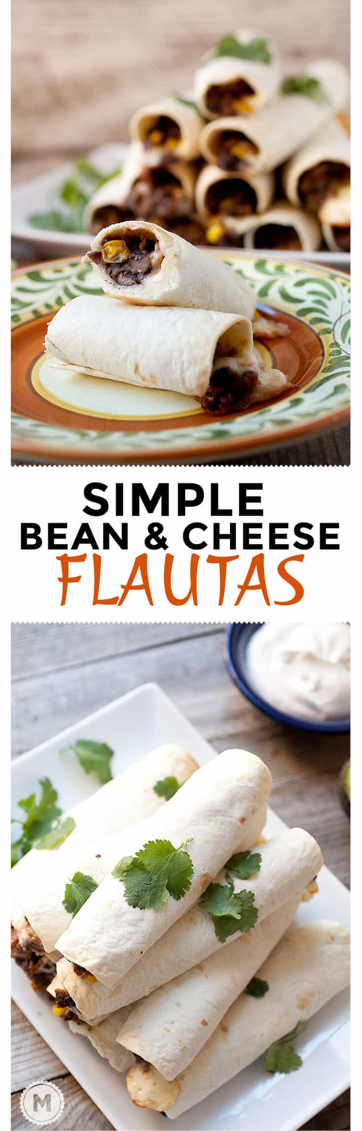 Simple Bean and Cheese Flautas: These Tex-Mex "flutes" are filled with pepper jack cheese and a quick black bean and corn mash. A plate of them makes for great appetizers or stack up a few and make a quick meal out of them! | macheesmo.com