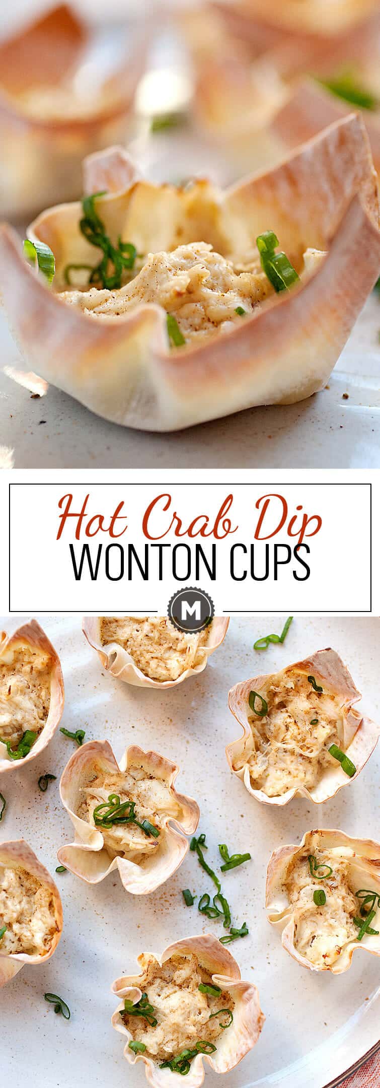 Hot Crab Dip Wonton Cups: These are the most addictive little bites you'll find on an appetizer table. Hot crab dip spiced with Old Bay seasoning, shallot, and just a dash of hot sauce. Baked right into a crispy wonton cup! | macheesmo.com