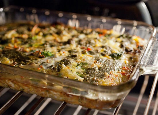 7 Veggie Pesto Breakfast Casserole baking