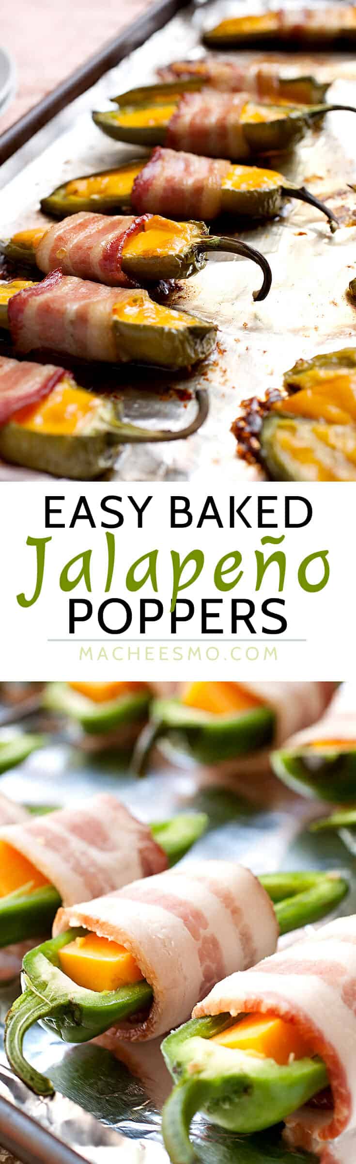 Three Ingredient Baked Jalapeño Poppers: These little guys are easy to make and SO addictive. Make a big batch of these for your next game day celebration and try not to eat them all yourself! | macheesmo.com