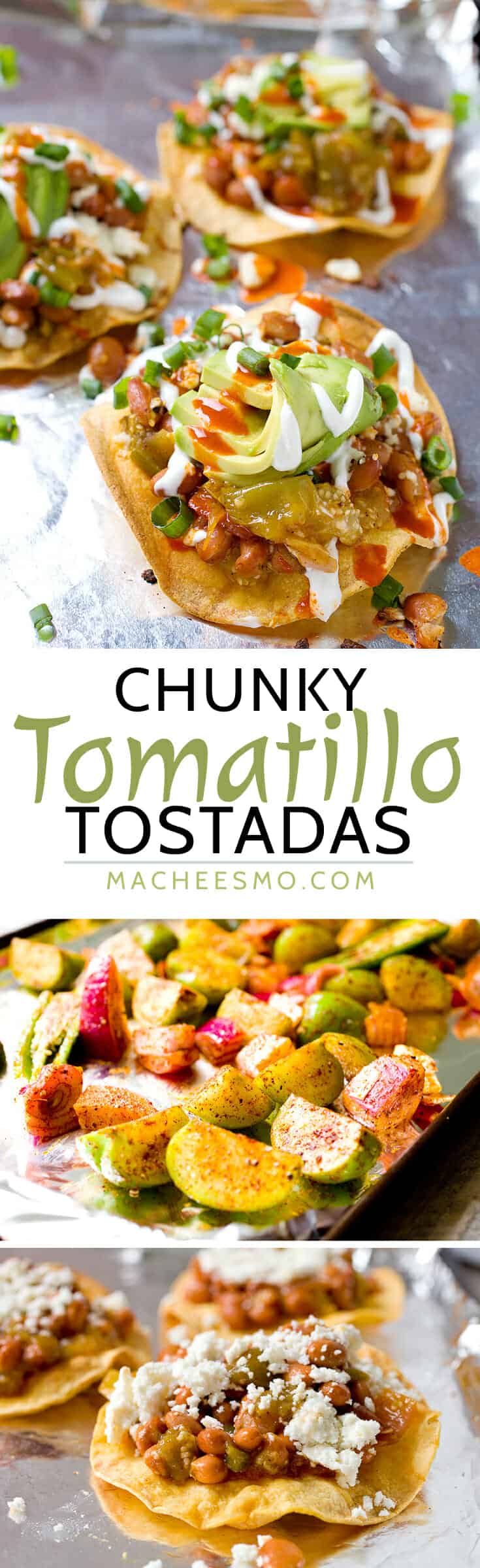 Chunky Tomatillo Tostadas: These crispy tostadas are topped with roasted tomatillos, pinto beans, queso fresco, and lots of other good toppings. Quick vegetarian Tex-mex dinner alert! | macheesmo.com