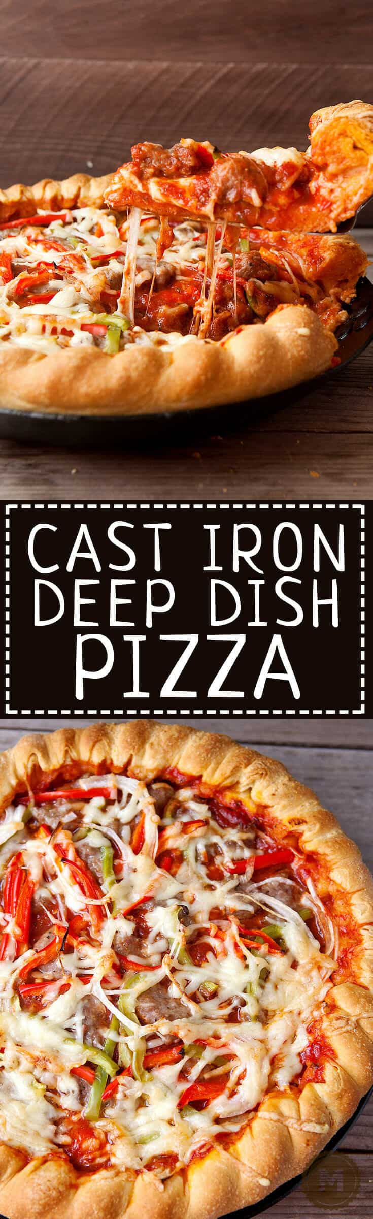 Cast Iron Deep Dish Pizza: This pizza is loaded with toppings and cheese and compiled in the traditional deep dish order (cheese on the bottom)! Cooking it in a cast iron skillet gives it a perfect, crispy crust. Included is my favorite homemade deep dish pizza crust recipe, but you can also make it with store-bought crust!