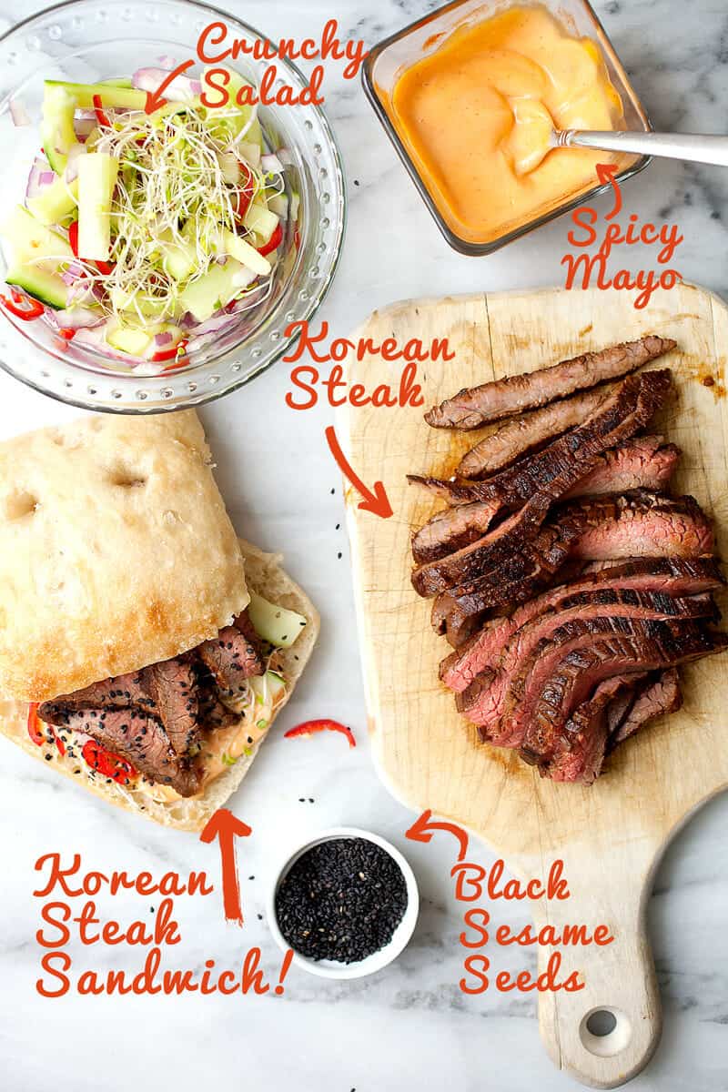 Korean Steak Sandwiches: Slighty spicy and sweet flank steak sliced thin and stuffed in a roll with spicy mayo and a crunchy veggie salad. One of the best steak sandwiches. Surprisingly light and refreshing! | macheesmo.com