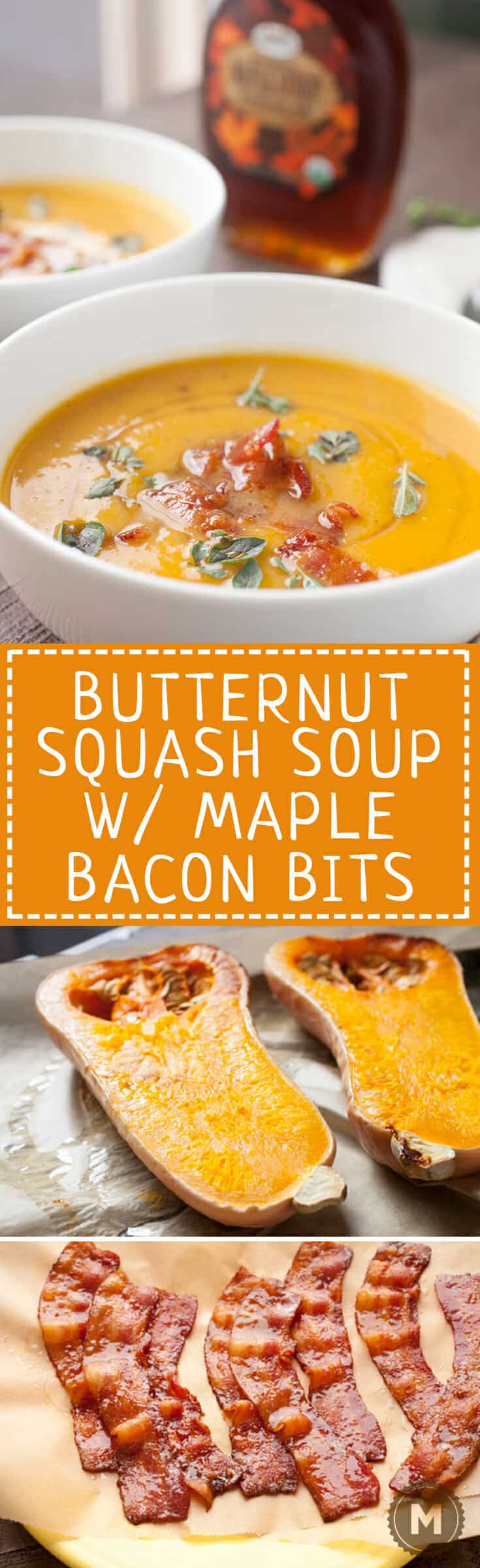 Butternut Squash Soup with Maple Bacon: Say hello to fall with this delicious roasted squash soup. The soup itself is really easy but gets a nice crunch and sweetness from crumbled maple bacon on top! YUM! | macheesmo.com