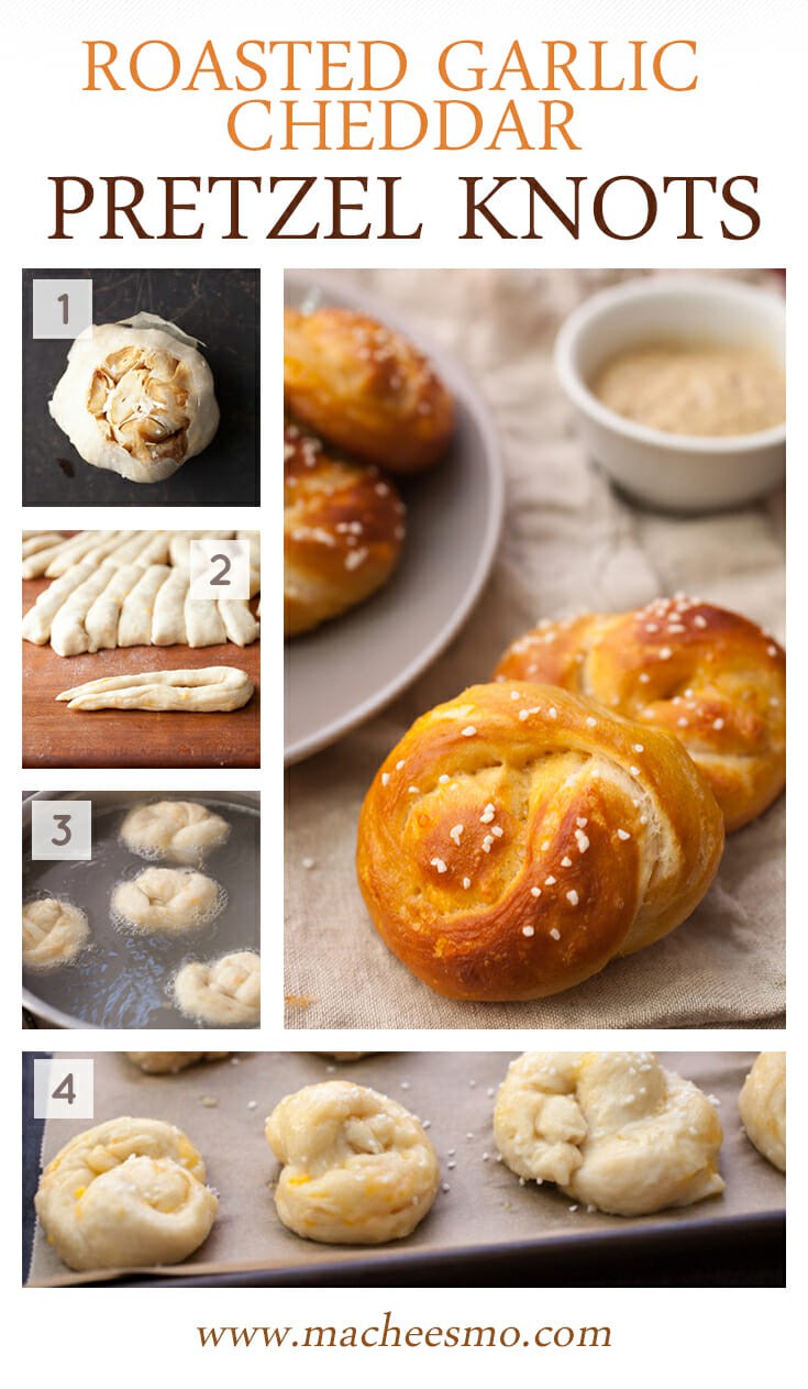 Roasted Garlic Cheddar Pretzel Knots: Perfect little pretzel knots with roasted garlic and cheddar blended into the dough. Such a great appetizer. Who doesn't love homemade fresh soft pretzels?! | macheesmo.com