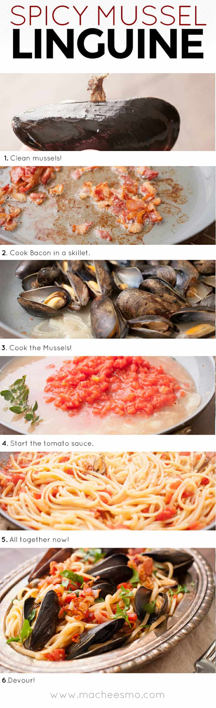 Spicy Mussel Linguine: This is a classic Italian dish packed with fresh mussels plus a light tomato sauce and crispy bacon. Surprisingly easy to make and so delicious. Don't forget the bread! | macheesmo.com