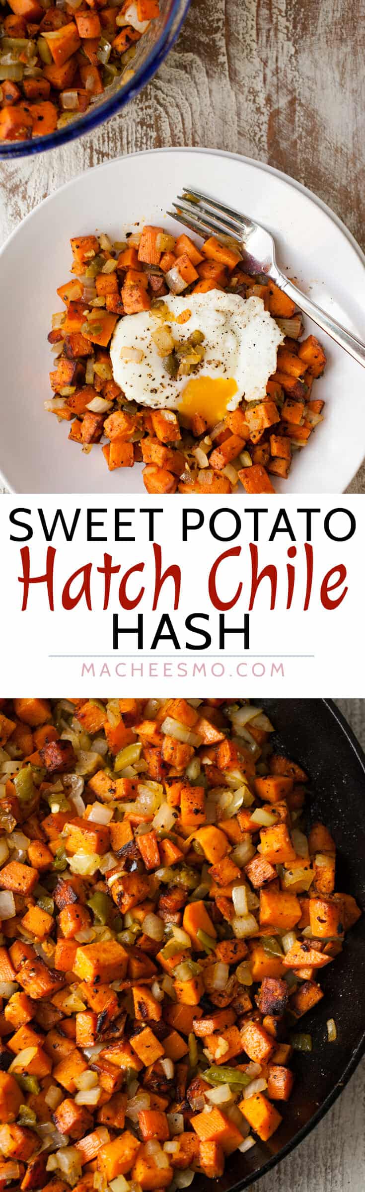 Sweet Potato Hatch Chile Hash: Spicy and sweet never looked so good together. Caramelized sweet potatoes with spicy roasted Hatch chiles with a perfect egg on top. Perfect fall breakfast! | macheesmo.com