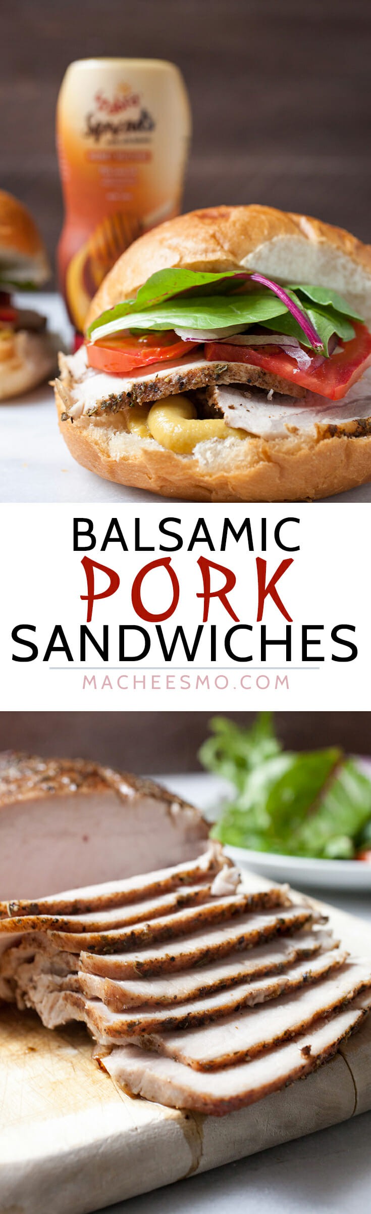 Balsamic Roasted Pork Sandwiches: Slow roasted pork glazed with a simple balsamic sauce, sliced thin, and served with honey mustard sauce and fresh veggies. Such a great sandwich! | macheesmo.com