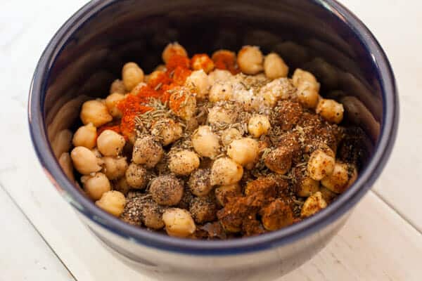 Seasoned Chickpeas ready to go in the skillet.