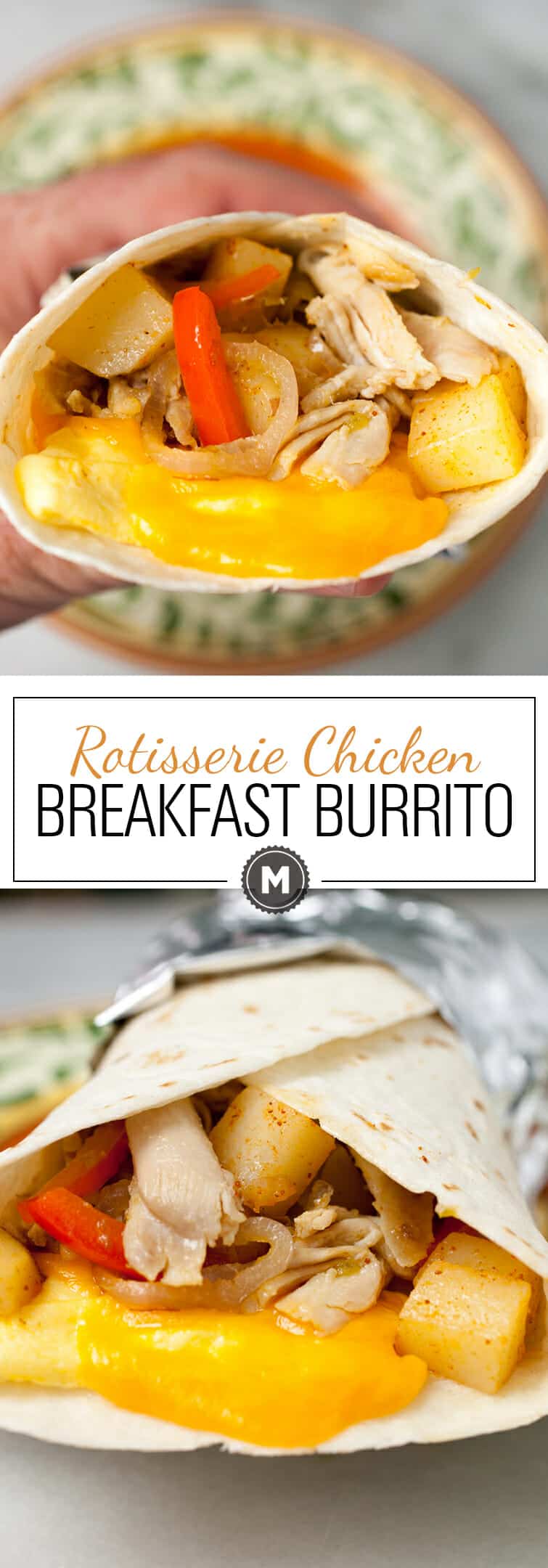 Rotisserie Chicken Breakfast Burritos: These super-cheesy and delicious breakfast burritos use one of my favorite meal shorted (rotisserie chicken) so they are ready to go in just a few minutes! | macheesmo.com