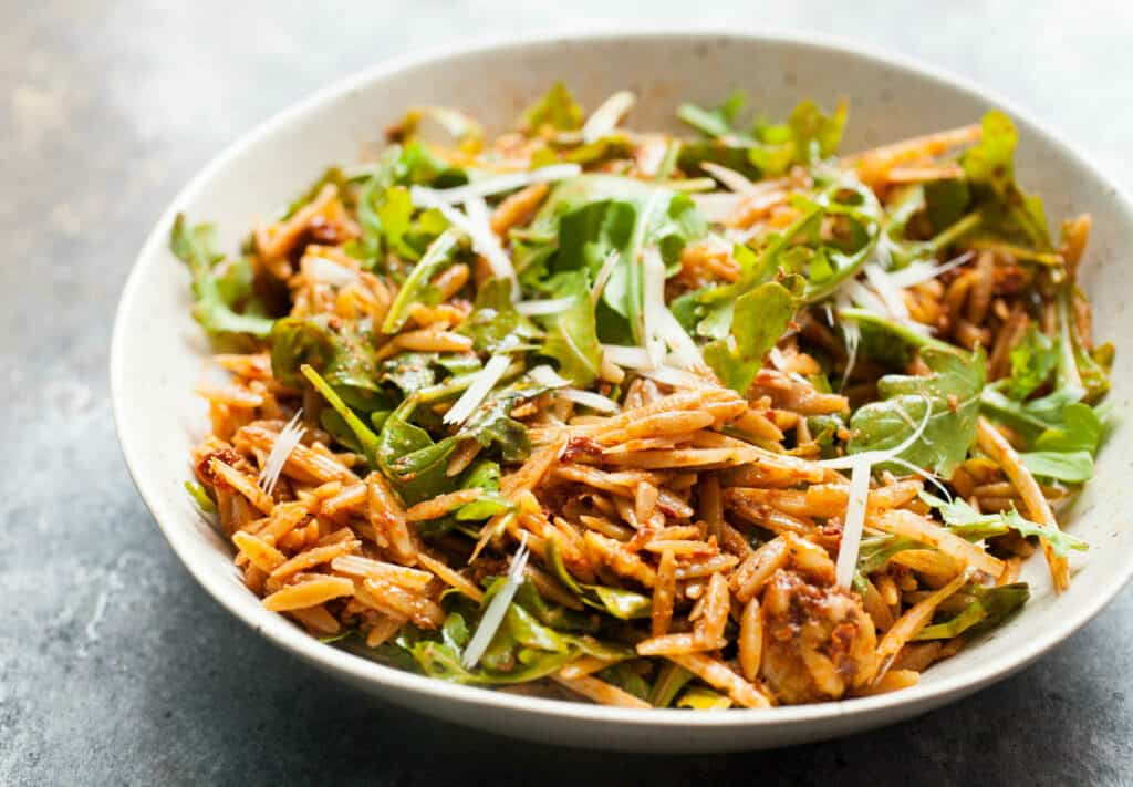 Orzo salad with sun-dried tomatoes.