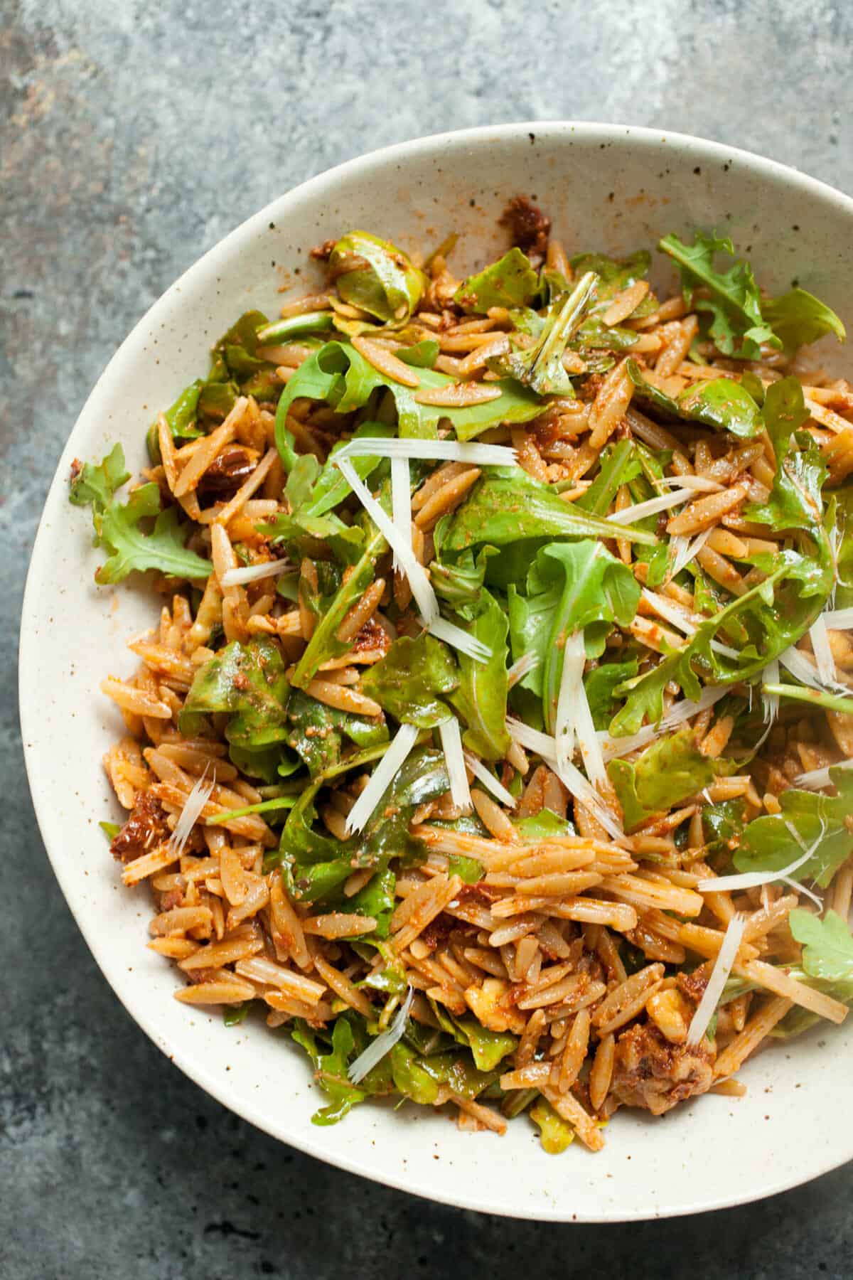 Sun-Dried Tomato Orzo Salad in a bowl