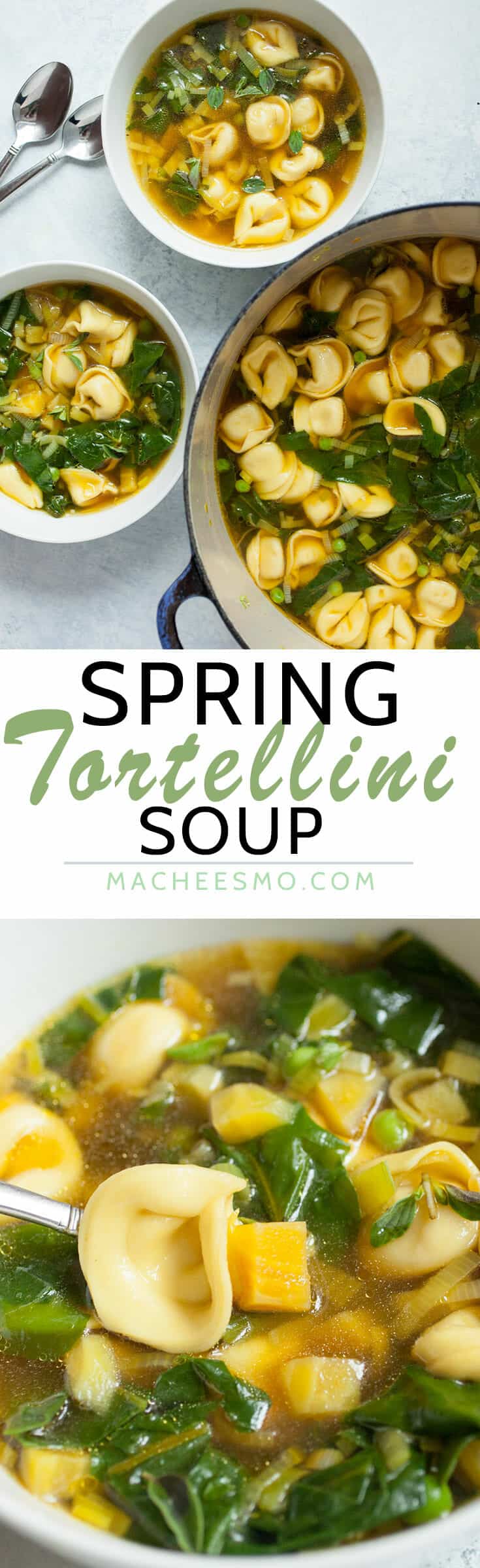 Spring Tortellini Soup: This is a really easy soup to toss together. It's filled with fresh spring veggies and tortellini. Ready in about 30 minutes! | macheesmo.com