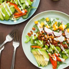 Crispy Chickpea Avocado Salad: This is a big enough salad to make a meal. Crispy bacon and chickpeas, plus cheddar, fresh crunchy veggies, and spinach and avocado. And you know it's topped with ranch!