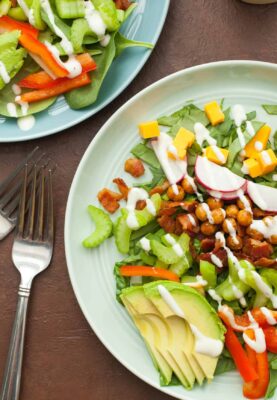 Crispy Chickpea Avocado Salad: This is a big enough salad to make a meal. Crispy bacon and chickpeas, plus cheddar, fresh crunchy veggies, and spinach and avocado. And you know it's topped with ranch!