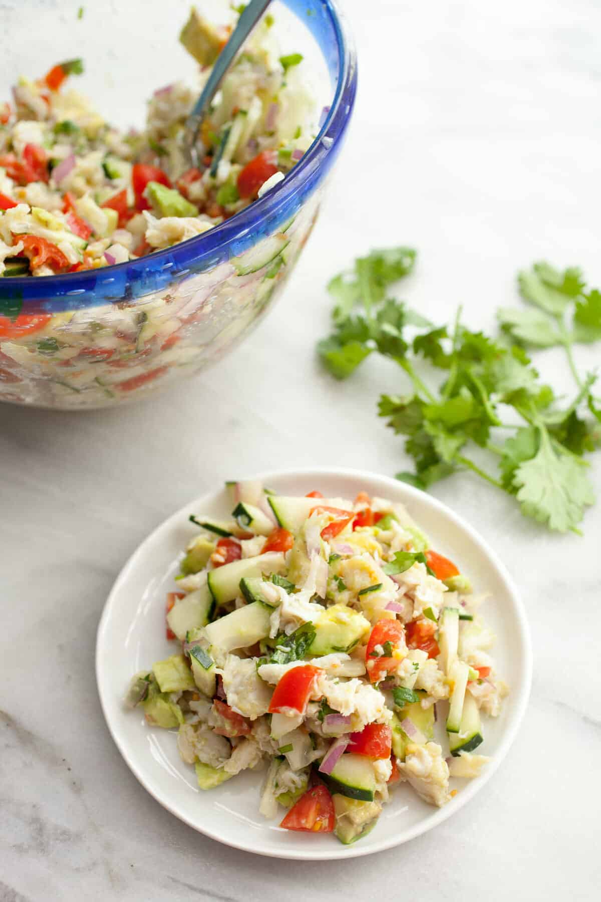 Plate of crab and avocado salad.