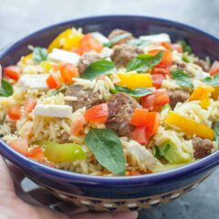 Turkey Meatball Orzo Salad: A light and colorful orzo salad packed with veggies, feta, and homemade turkey meatballs. Great for dinner or lunch! | macheesmo.com