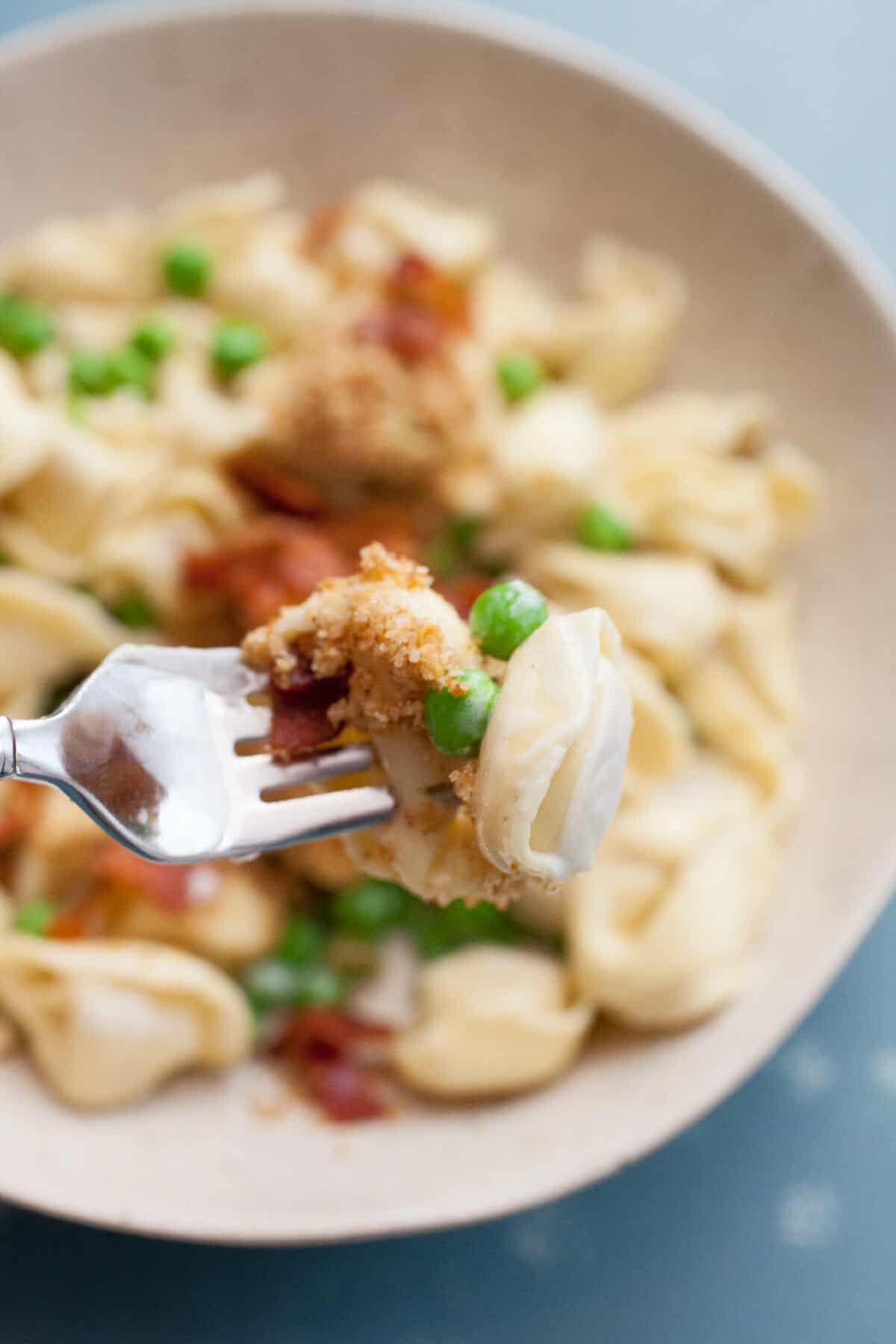 Creamy Tortellini with Crispies: This simple weeknight pasta dish is really fast to make and has unbelievable flavors. Your family is gonna love it! | macheesmo.com