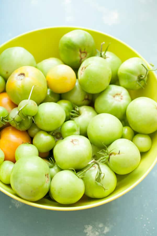 My bowl of fresh green tomatoes.