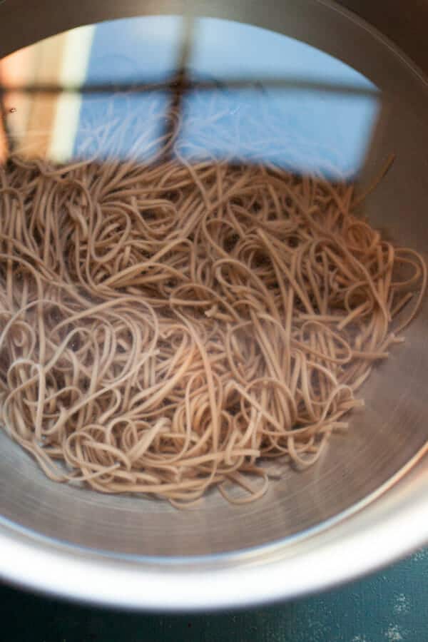 Soba noodles in water.