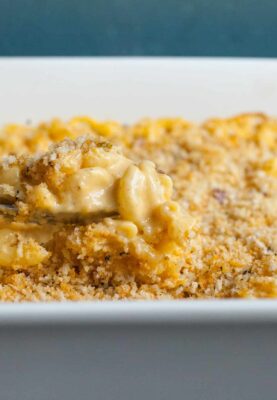 Kimchi Mac and Cheese: A perfect baked, cheesy macaroni and cheese with bacon and spicy kimchi from Modern Comfort Cooking! | macheesmo.com