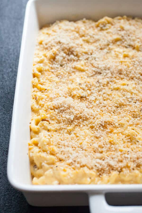 Kimchi Mac and Cheese in a baking dish.