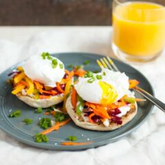 Ricotta Rainbow Veggie Toasts: These simple breakfast toasts are topped with loads of colorful veggies and perfect poached eggs for an easy and elegant way to start the day! | macheesmo.com