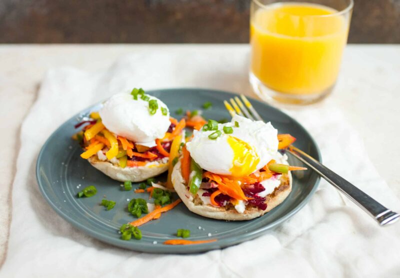 Ricotta Rainbow Veggie Toasts: These simple breakfast toasts are topped with loads of colorful veggies and perfect poached eggs for an easy and elegant way to start the day! | macheesmo.com