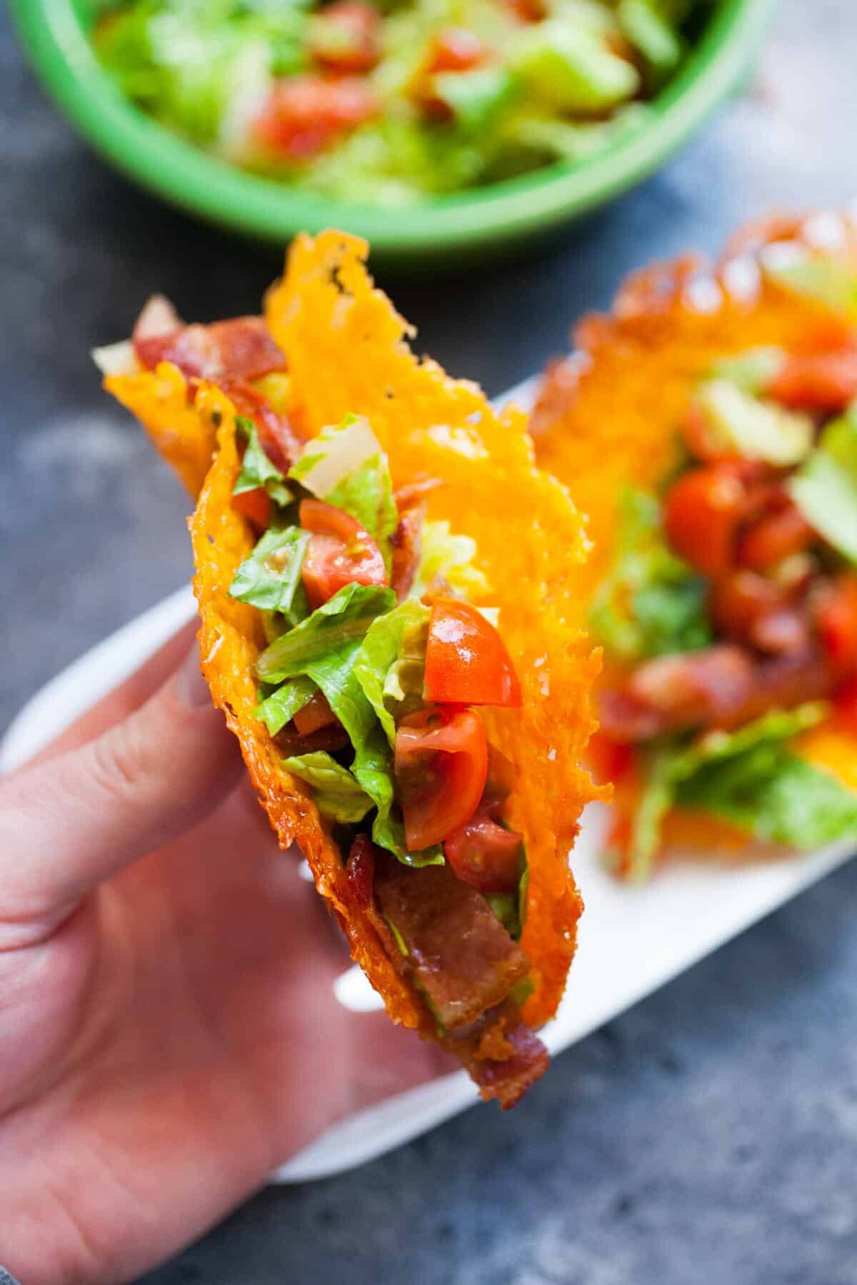 Cheese taco shells with BLT filling.
