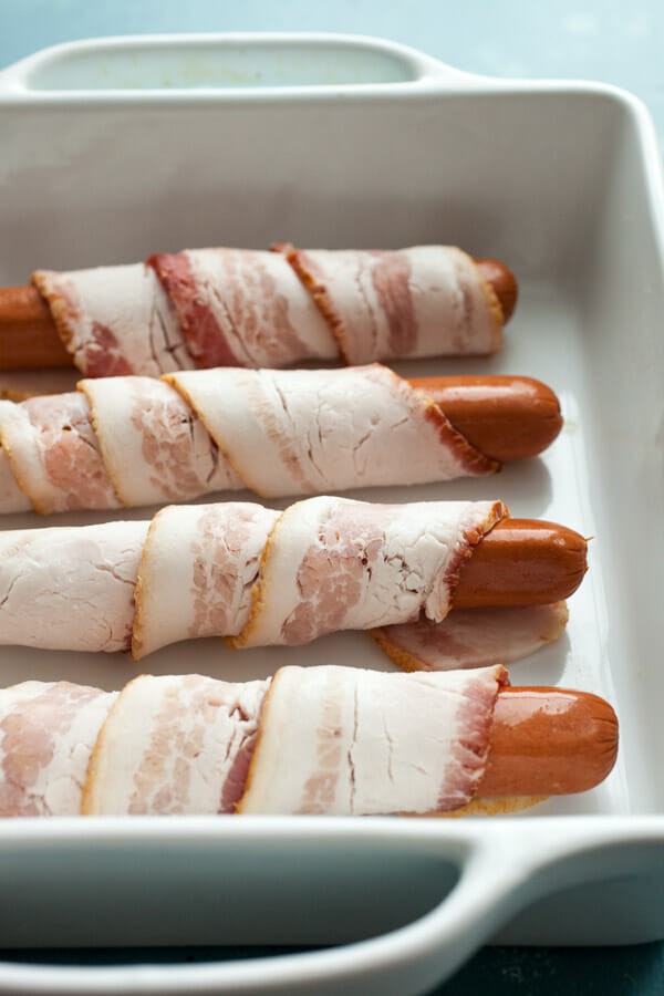 Bacon wrapped hot dogs for grilling