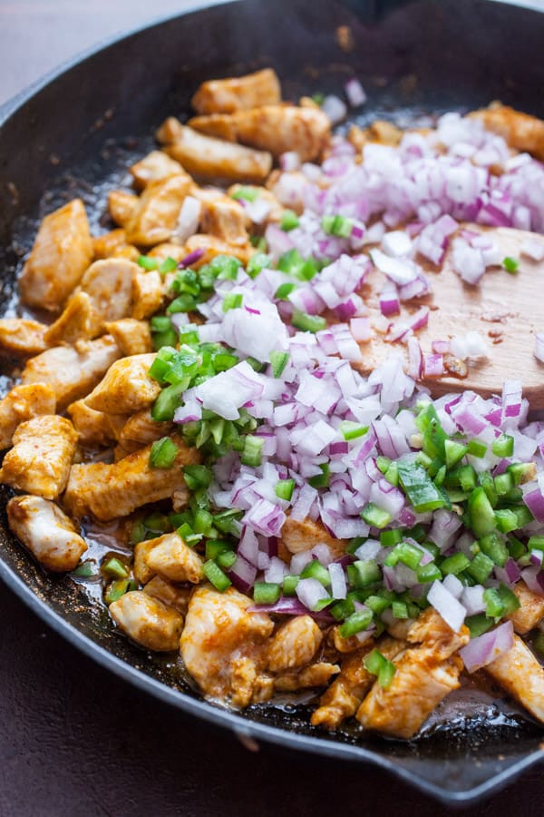 Onion and Pepper added to the taco skillet.