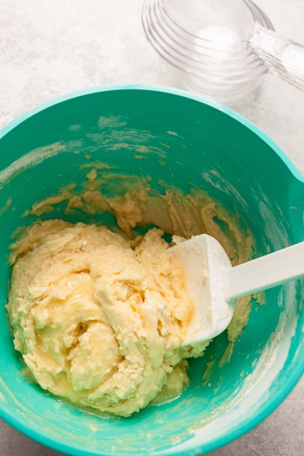 Batter mixed for blueberry yogurt cake.