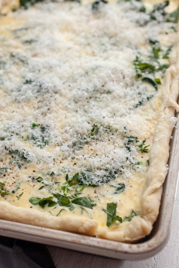 Sheet Pan Quiche is ready to bake.